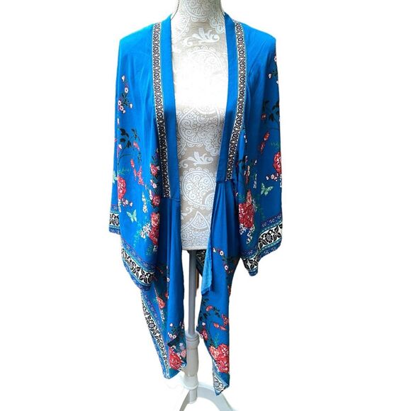 Flying Tomato Kimono Jacket Robe Kaftan Cover Up Blue Red Floral Sz S/M Boho - Picture 5 of 10